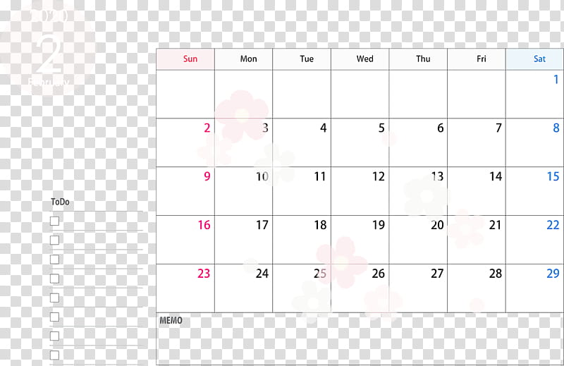 February 2020 Calendar February 2020 Printable Calendar 2020 Calendar, Text, Line, Rectangle, Number, Square, Paper transparent background PNG clipart