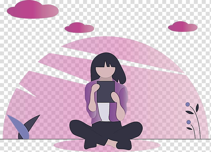 Reading Girl, Pink, Violet, Cartoon, Animation, Silhouette, Black Hair transparent background PNG clipart