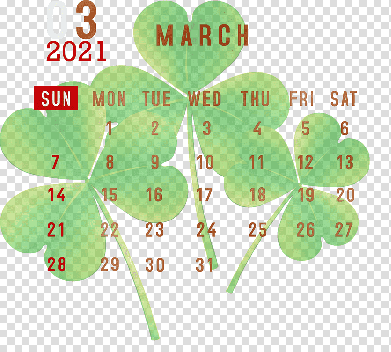 Shamrock, March 2021 Printable Calendar, 2021 calendar, March Calendar, Watercolor, Paint, Wet Ink transparent background PNG clipart