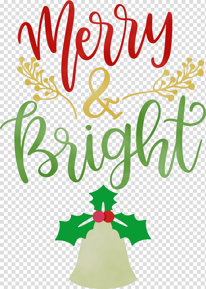 Christmas Day, Merry And Bright, Watercolor, Paint, Wet Ink, Christmas Tree, Floral Design transparent background PNG clipart