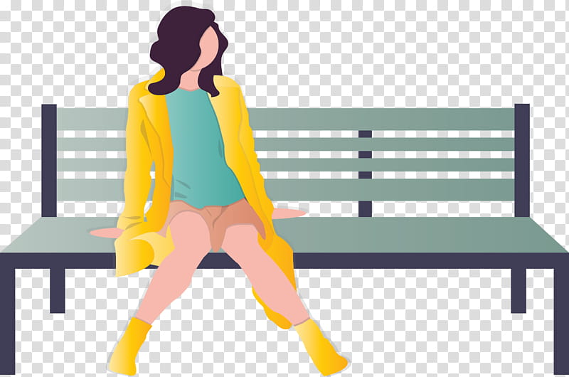 Park bench girl, Yellow, Sitting, Furniture, Standing, Line, Leg, Fashion Design transparent background PNG clipart