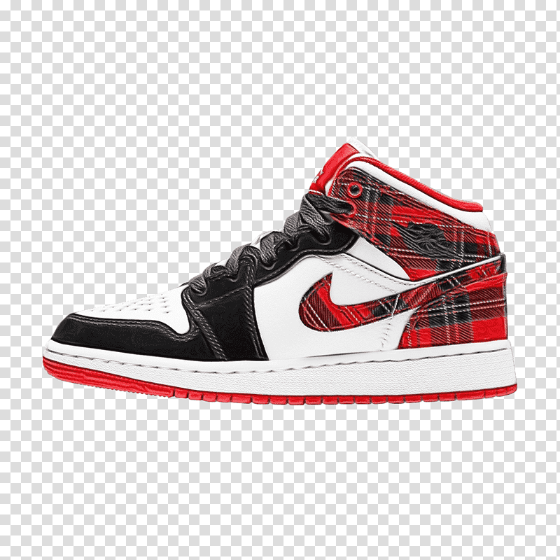 shoe nike sneakers air jordan 1 mid gs, Watercolor, Paint, Wet Ink, Nike Air Jordan Retro, Black, Red transparent background PNG clipart