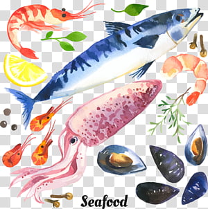 Watercolor, Seafood, Watercolor Painting, Shrimp, Restaurant, Fish, Fish Products transparent background PNG clipart thumbnail