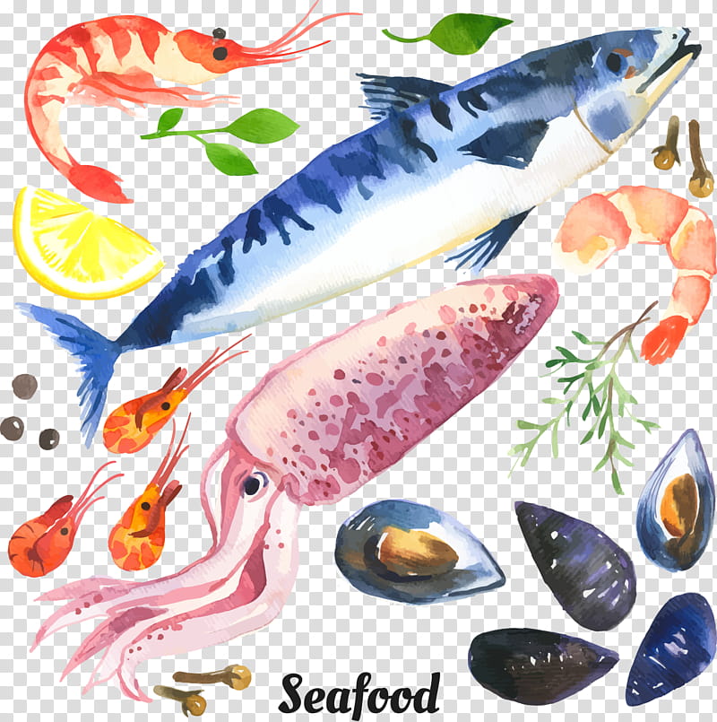 Watercolor, Seafood, Watercolor Painting, Shrimp, Restaurant, Fish, Fish Products transparent background PNG clipart