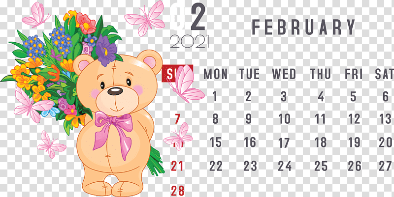 February 2021 Printable Calendar February Calendar 2021 Calendar, Bears, Teddy Bear, Stuffed Toy, Floral Design, Flower Bouquet, Greeting Card transparent background PNG clipart