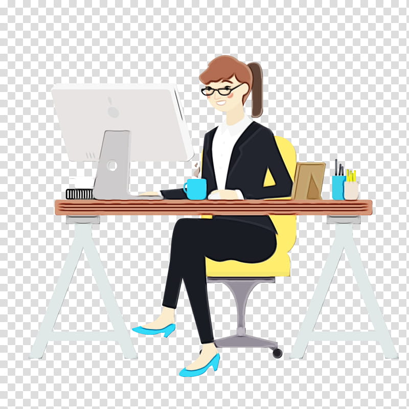 desk sitting computer desk furniture job, Watercolor, Paint, Wet Ink, Table, Employment, Writing Desk, Whitecollar Worker transparent background PNG clipart