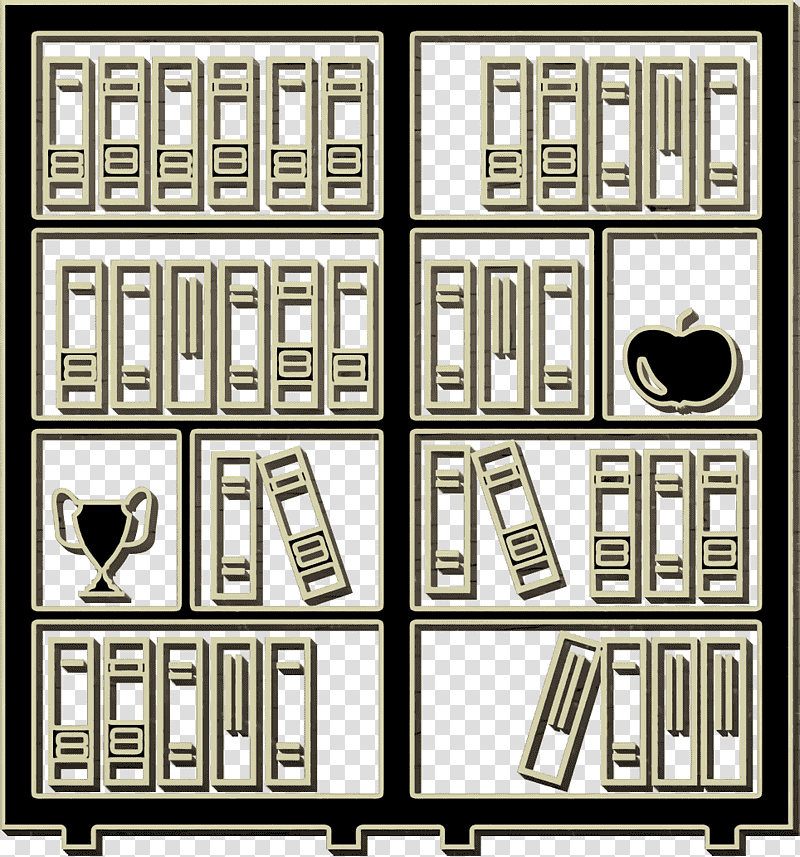 education icon Academic 2 icon Library full of books one trophy and one apple icon, Book Icon, Furniture, Black And White
, Frame, Cartoon, Shelf transparent background PNG clipart