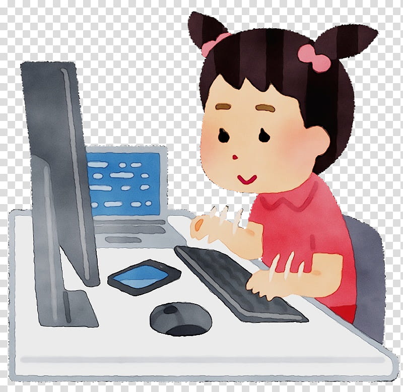 cartoon technology learning electronic instrument play, Computer Girl, Watercolor, Paint, Wet Ink, Cartoon, Computer Monitor Accessory, Child transparent background PNG clipart