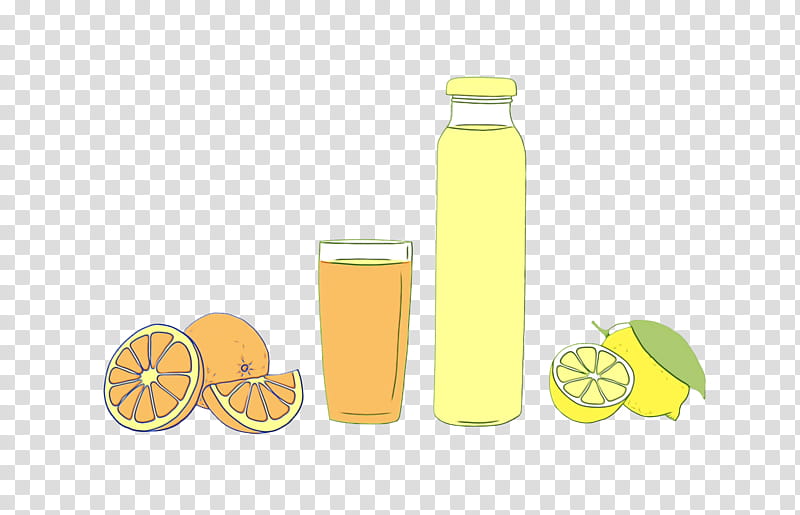 lemon orange juice lemon-lime drink orange drink glass bottle, Watercolor, Paint, Wet Ink, Lemonlime Drink, Citric Acid, Yellow, Citrus Fruit transparent background PNG clipart