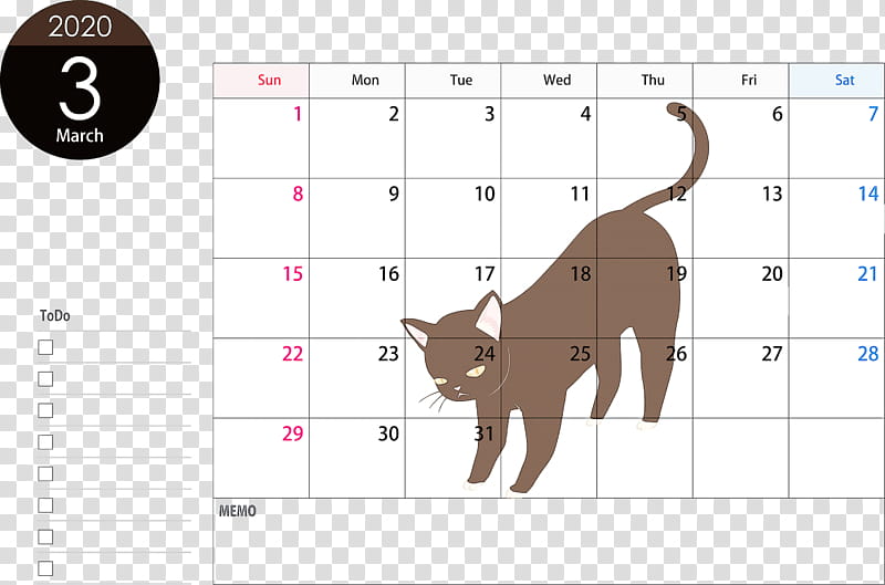 March 2020 Calendar March 2020 Printable Calendar 2020 Calendar, Cat, Small To Mediumsized Cats, Abyssinian, Tail, Black Cat, Havana Brown transparent background PNG clipart
