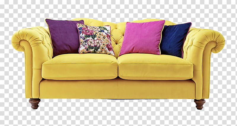 furniture couch yellow loveseat purple, Chair, Throw Pillow, Room, Sofa Bed, Studio Couch, Cushion, Rectangle transparent background PNG clipart