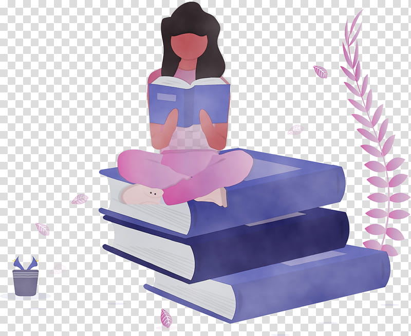violet purple furniture rectangle cake, Girl, Book, Reading, Watercolor, Paint, Wet Ink transparent background PNG clipart