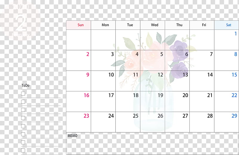 February 2020 Calendar February 2020 Printable Calendar 2020 Calendar, Text, Line, Rectangle, Diagram, Square, Paper, Number transparent background PNG clipart