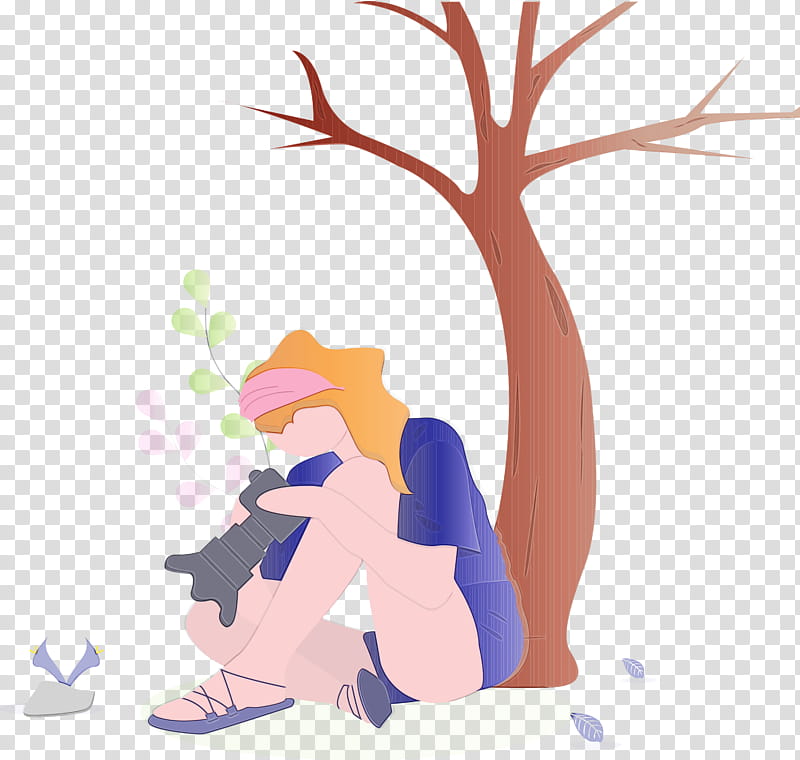 cartoon tree, Take graphs, Girl, Nature, Watercolor, Paint, Wet Ink, Cartoon transparent background PNG clipart