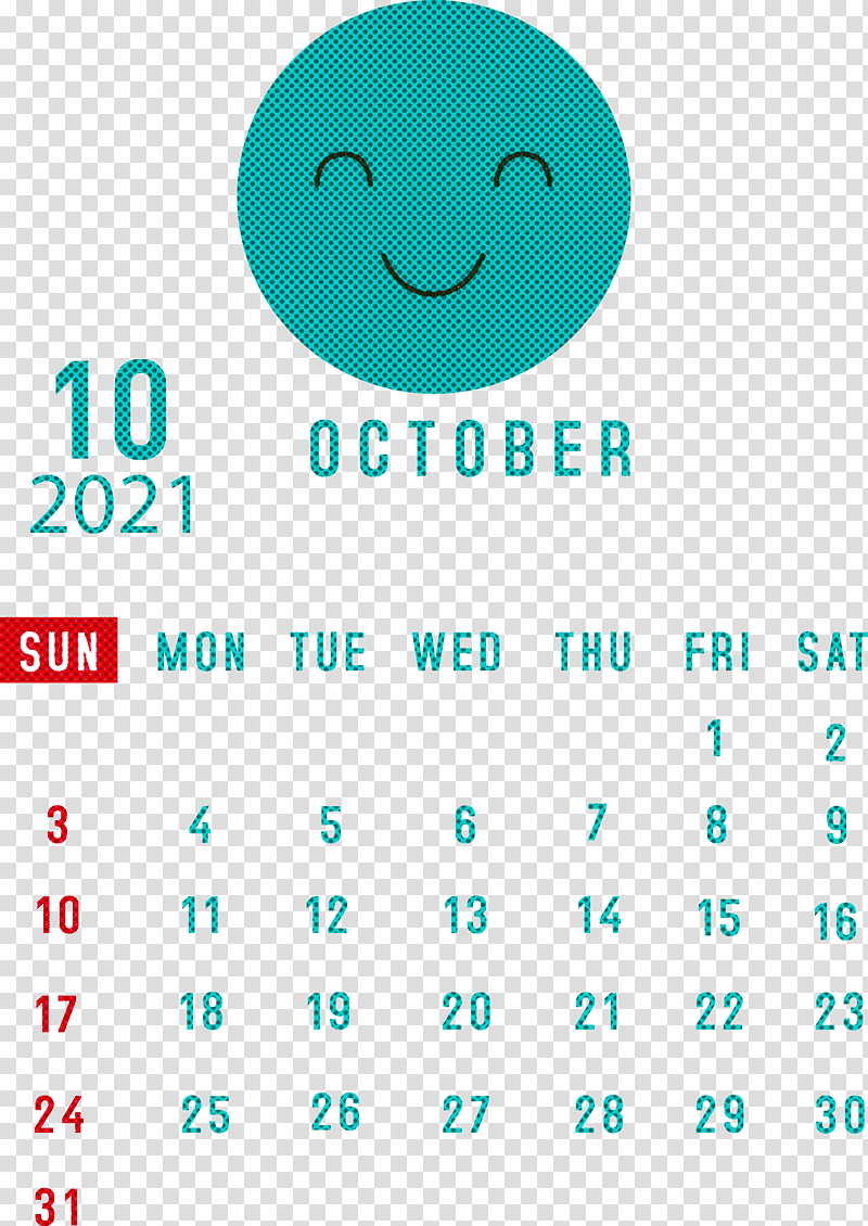 October 2021 Printable Calendar October 2021 Calendar, Smiley, Emoticon, Logo, Aqua M, Happiness, Line transparent background PNG clipart