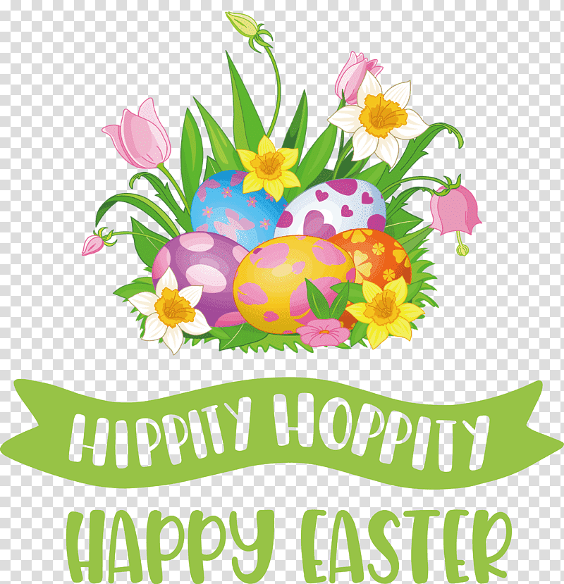 Hippity Hoppity Happy Easter, Easter Bunny, Easter Egg, Flower, Easter Basket, Floral Design transparent background PNG clipart