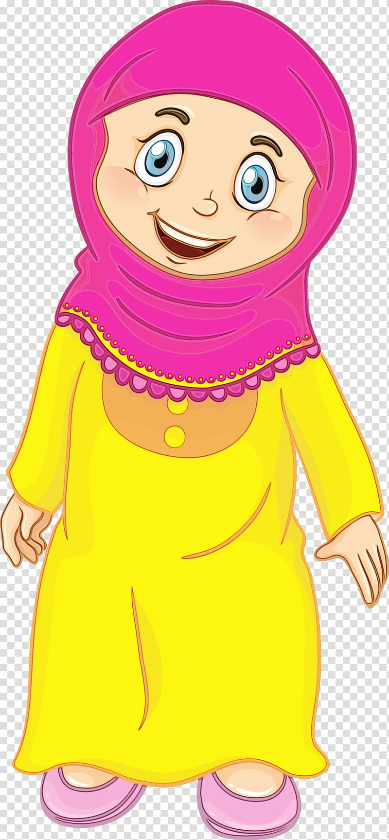 cartoon yellow pink smile child, Muslim People, Watercolor, Paint, Wet Ink, Cartoon, Finger, Gesture transparent background PNG clipart