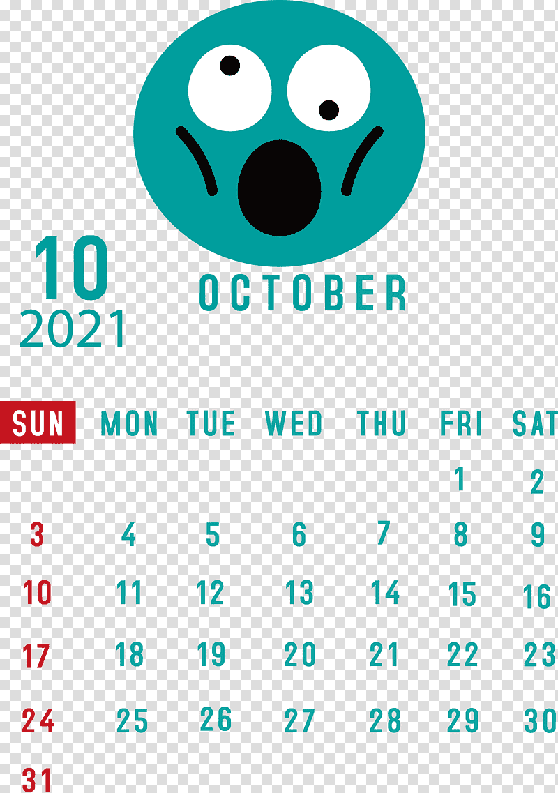 October 2021 Printable Calendar October 2021 Calendar, Htc Hero, Smiley, Emoticon, Happiness, Meter, Teal transparent background PNG clipart