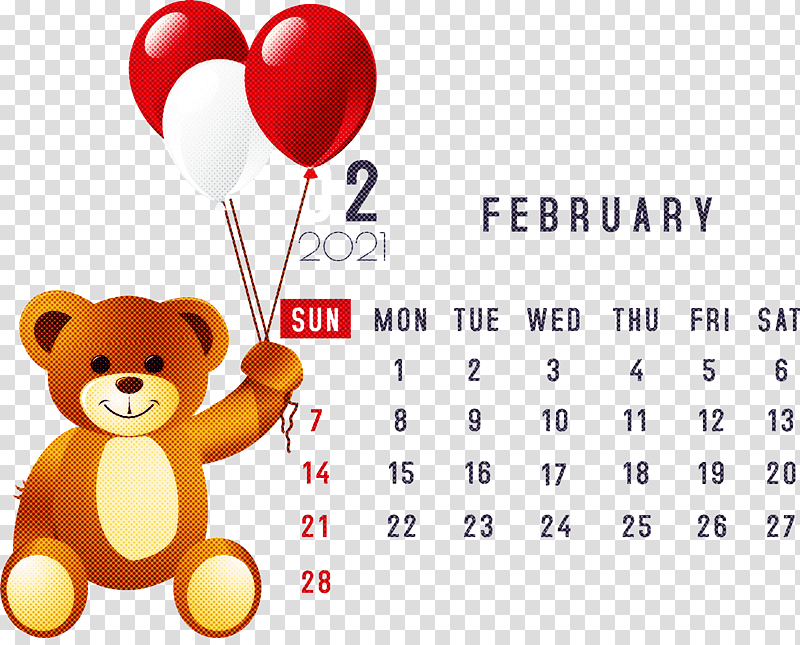 February 2021 Printable Calendar February Calendar 2021 Calendar, Bears, Teddy Bear, Stuffed Toy, Balloon, Heart Balloons, Doll transparent background PNG clipart