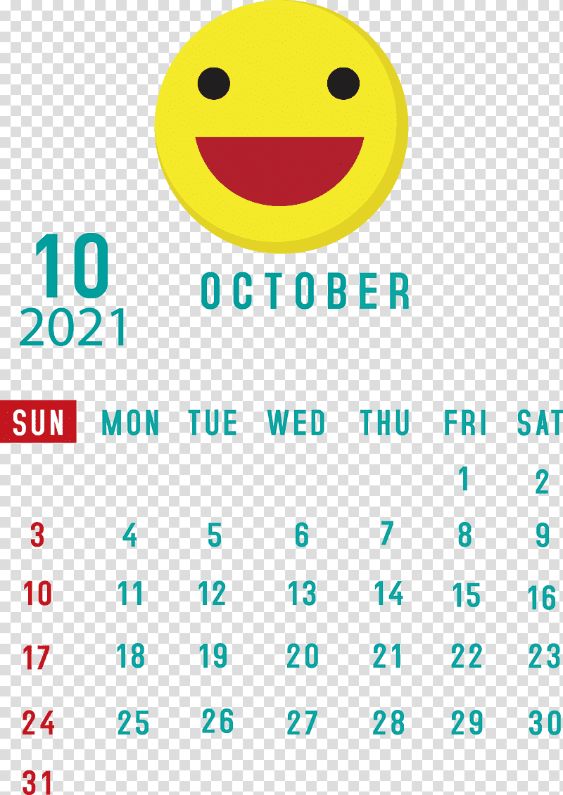 October 2021 Printable Calendar October 2021 Calendar, Smiley, Emoticon, Happiness, Yellow, Line, Meter transparent background PNG clipart