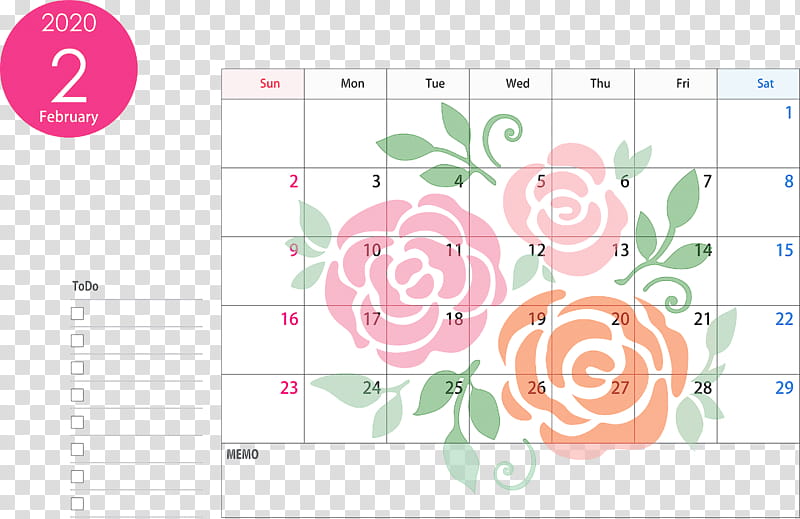February 2020 Calendar February 2020 Printable Calendar 2020 Calendar, Text, Pink, Line, Petal, Circle, Diagram, Floral Design transparent background PNG clipart
