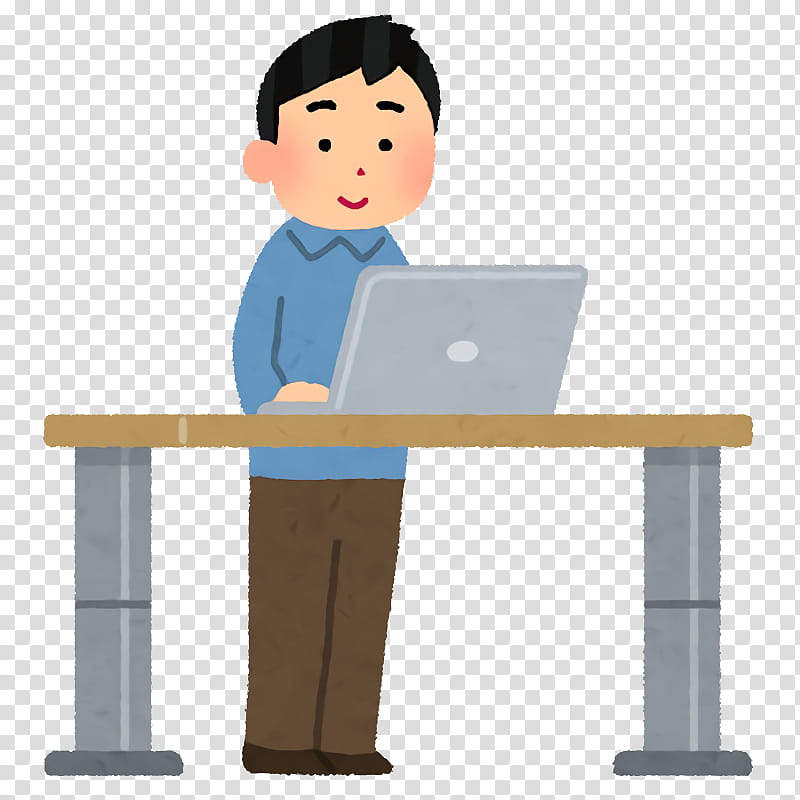 cartoon standing desk job computer desk, Cartoon, Sitting, Furniture, Whitecollar Worker, Table transparent background PNG clipart