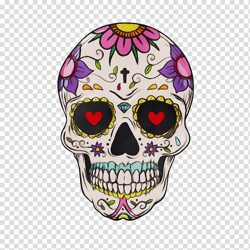 Skull art, Watercolor, Paint, Wet Ink, Calavera, Tattoo, Mexican Cuisine, Sleeve Tattoo transparent background PNG clipart