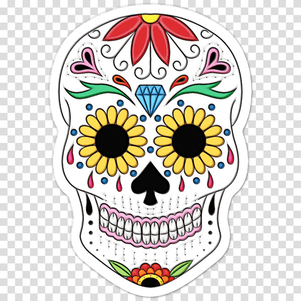 Skull art, Watercolor, Paint, Wet Ink, Calavera, Sugar, Candy transparent background PNG clipart