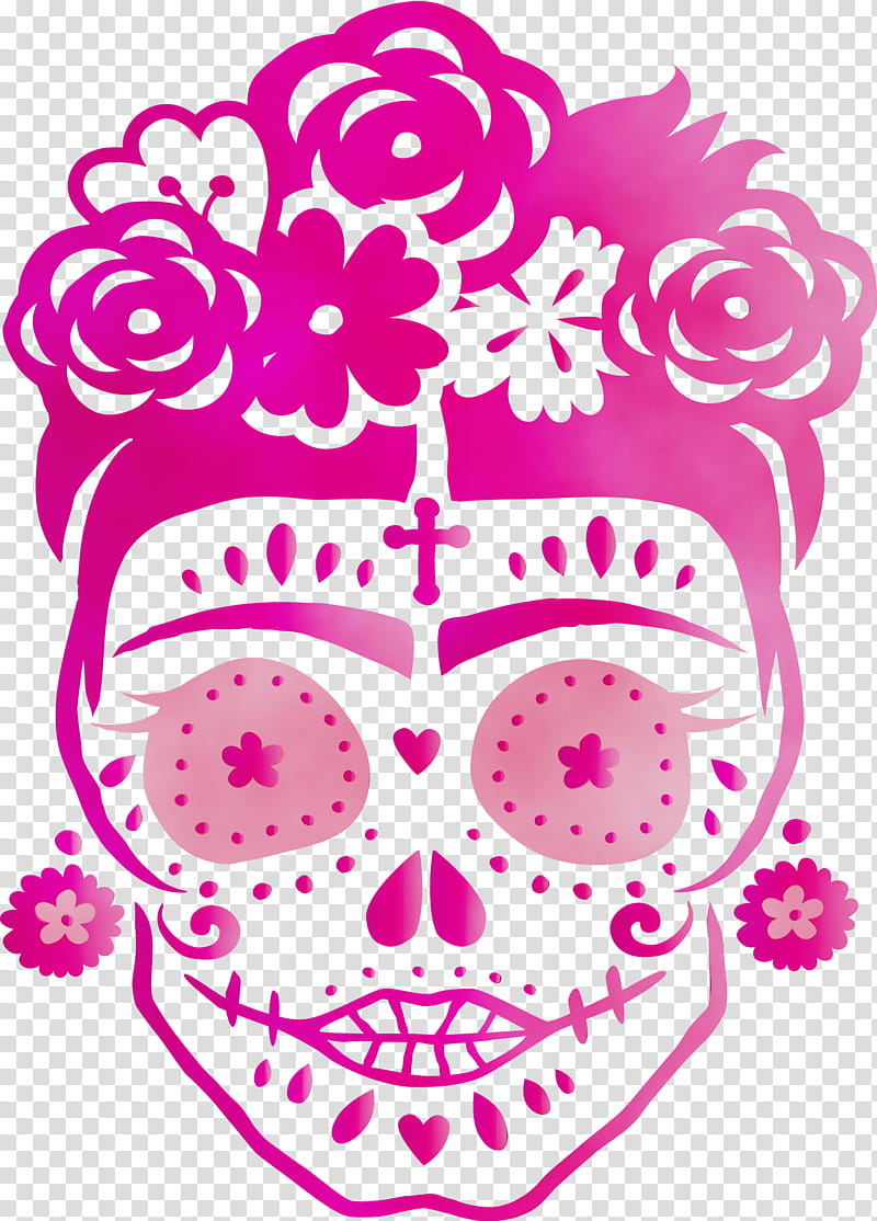 Floral design, Sugar Skull, Watercolor, Paint, Wet Ink, Visual Arts, Headgear, Pink M transparent background PNG clipart