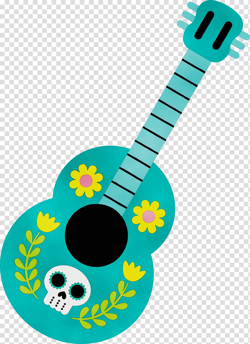 ukulele non-commercial activity string instrument day of the dead turquoise, Dia De Muertos, Watercolor, Paint, Wet Ink, Noncommercial Activity, Jewellery, Highdefinition Video transparent background PNG clipart