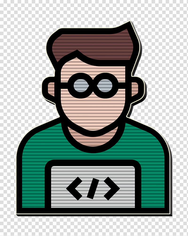 Professions and jobs icon Programmer icon Jobs and Occupations icon, Green, Cartoon, Glasses, Smile transparent background PNG clipart