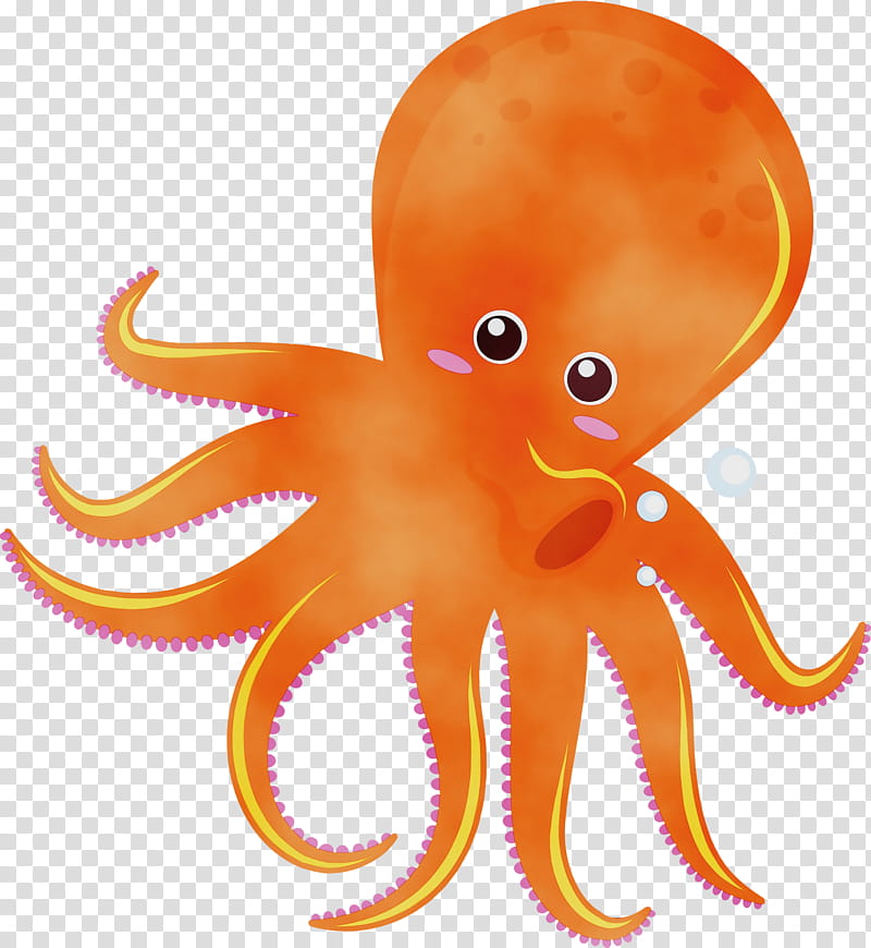 Orange, Watercolor, Paint, Wet Ink, Octopus, Giant Pacific Octopus, Animal Figure, Squid transparent background PNG clipart