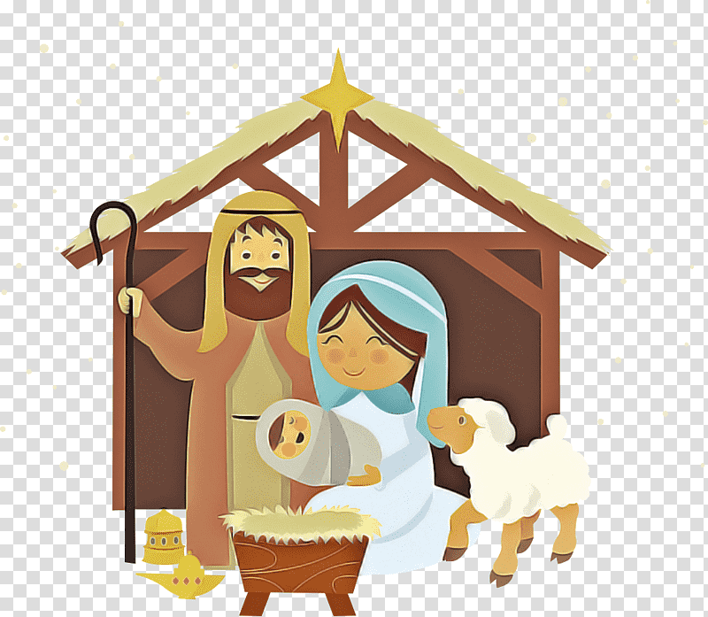 Christmas Day, santa claus and snowman illustration, Nativity Scene, Manger, Nativity Of Jesus, Bethlehem, Cartoon, Christmas Card transparent background PNG clipart