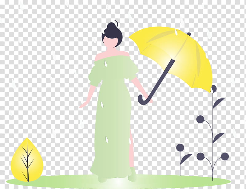 green yellow cartoon line umbrella, Raining, Spring
, Woman, Watercolor, Paint, Wet Ink, Black Hair transparent background PNG clipart