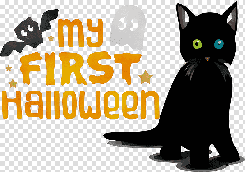 kitten black cat american shorthair whiskers snout, text, Happy Halloween, Watercolor, Paint, Wet Ink, Domestic Shorthaired Cat, Catlike transparent background PNG clipart