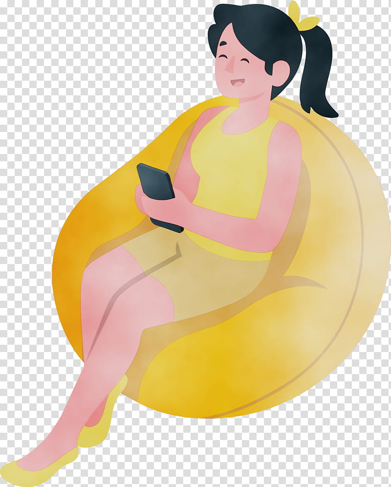 cartoon character yellow character created by, Girl Playing Mobile Phone, Watercolor, Paint, Wet Ink, Cartoon transparent background PNG clipart