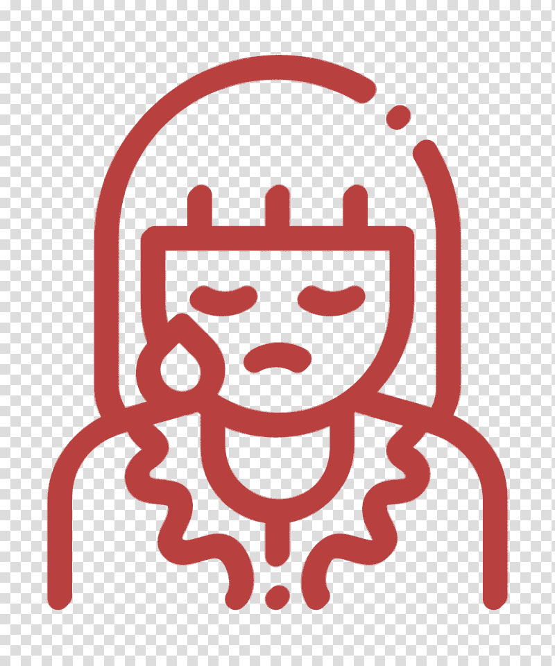 Funeral icon Woman icon Sad icon, Cartoon, Character, Red, Line, Meter, Headgear transparent background PNG clipart
