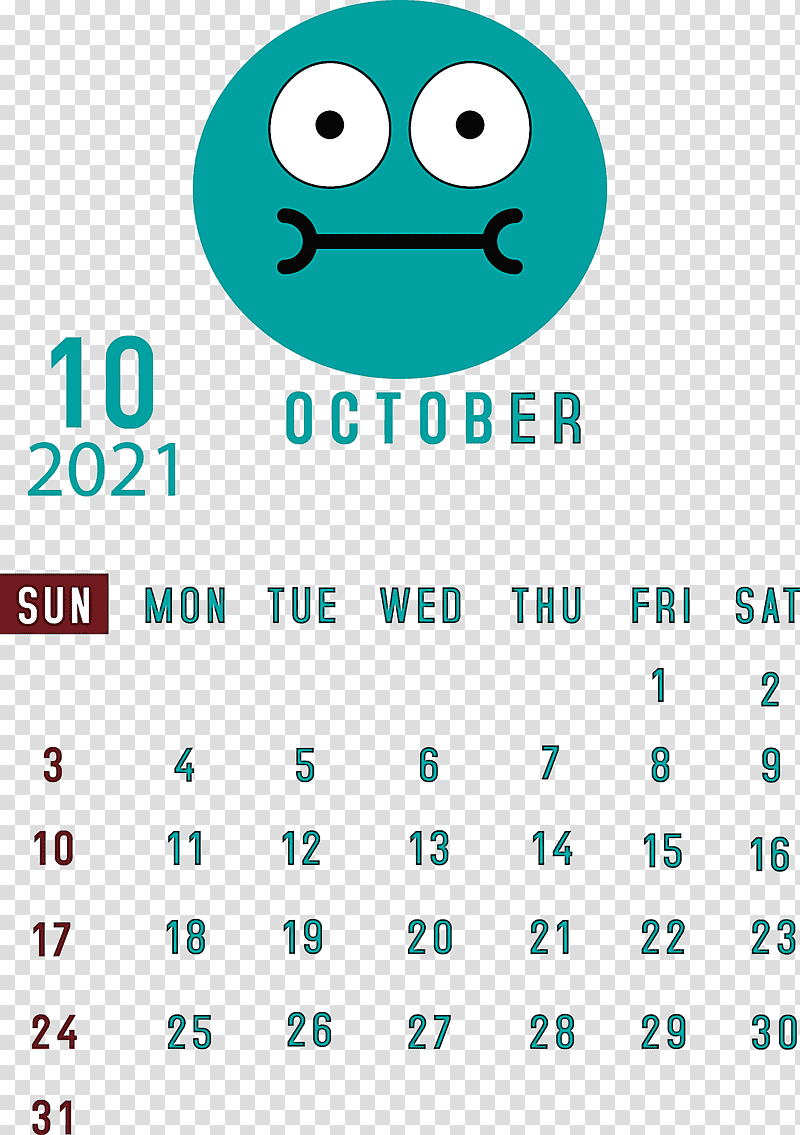 October 2021 Printable Calendar October 2021 Calendar, Smiley, Emoticon, Green, Happiness, Teal, Line transparent background PNG clipart