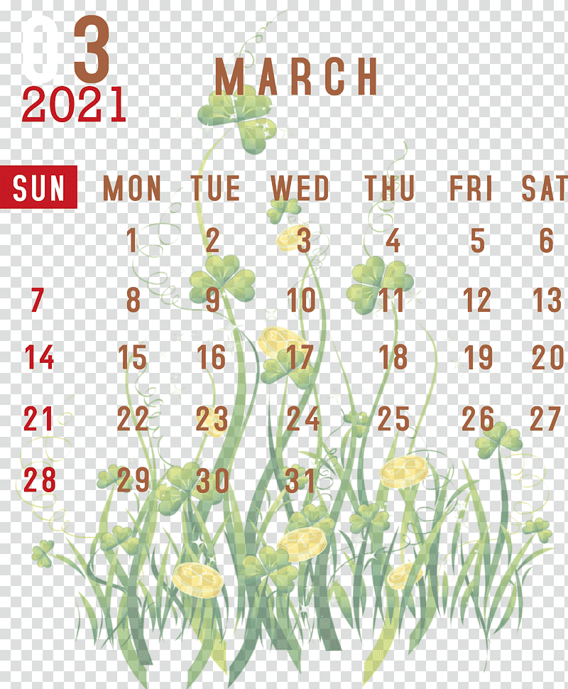 March 2021 Printable Calendar March 2021 Calendar 2021 Calendar, March Calendar, Cartoon, Sharing, Saint Patricks Day, Flower, Sunflowers transparent background PNG clipart