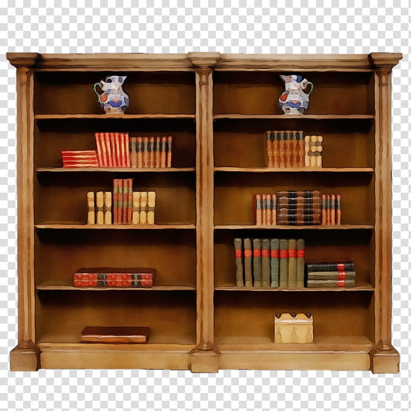 shelving bookcase shelf furniture hutch, Watercolor, Paint, Wet Ink, Display Case, Cupboard, Wood, Hardwood transparent background PNG clipart
