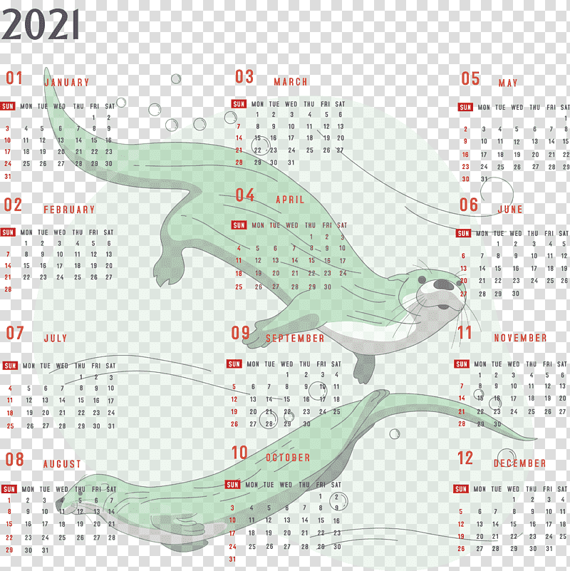 Year 2021 Calendar Printable 2021 Yearly Calendar 2021 Full Year Calendar, Otters, Drawing, Cartoon, Animation transparent background PNG clipart
