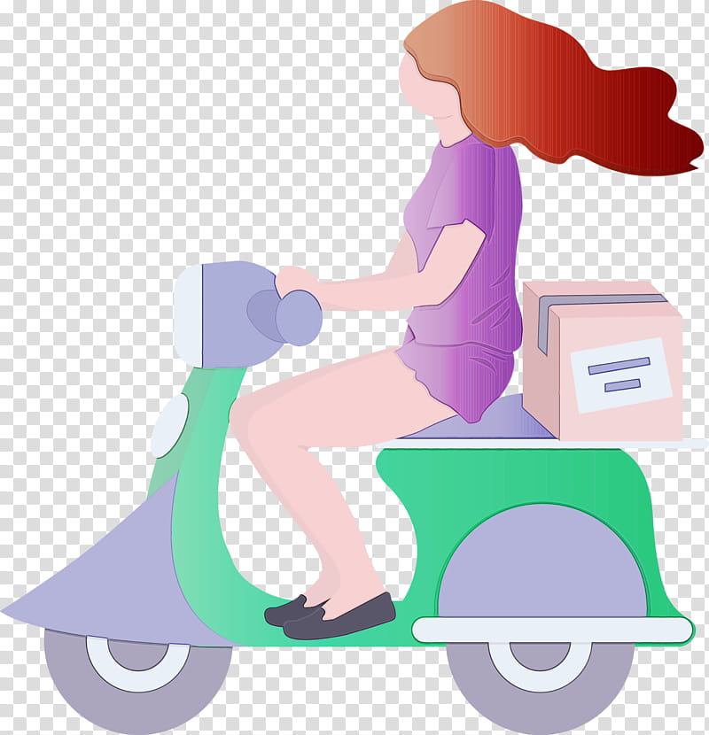 scooter vespa cartoon vehicle, Delivery, Girl, Watercolor, Paint, Wet Ink transparent background PNG clipart