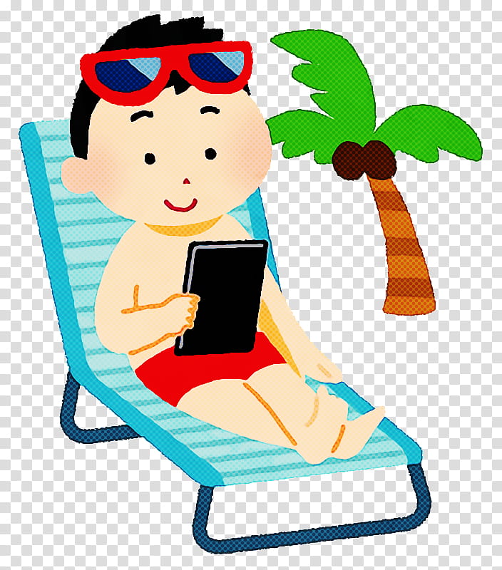 beach tablet summer vacation, Summer
, Cartoon, Folding Chair, Glasses, Sitting transparent background PNG clipart