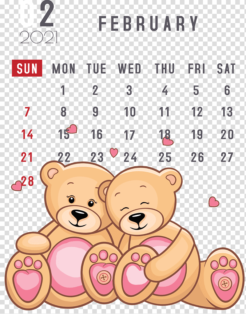 February 2021 Printable Calendar February Calendar 2021 Calendar, Cartoon, Drawing, Poster, Boyfriend, Teddy Bear transparent background PNG clipart