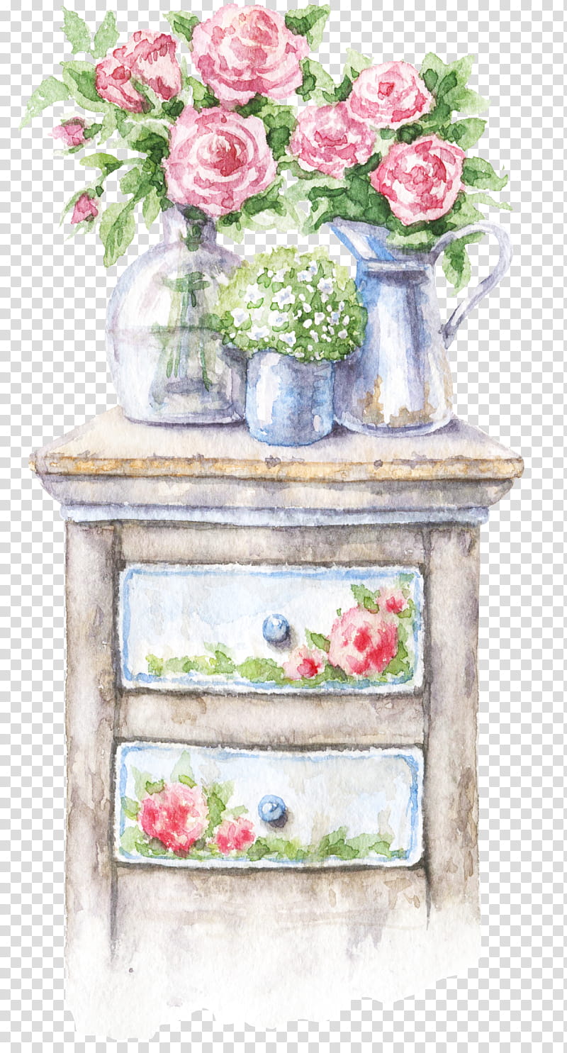 Watercolor Floral, Watercolor Painting, Shabby Chic, Interior Design Services, Drawing, Furniture, Flowerpot, Nightstand transparent background PNG clipart