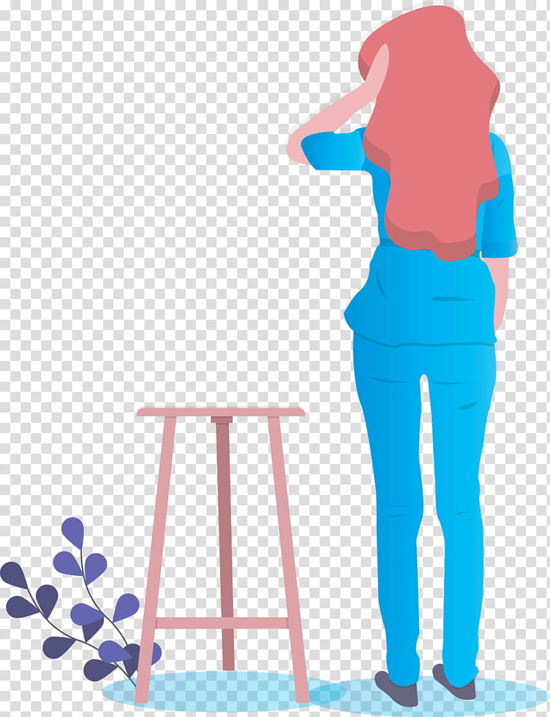 girl art, Standing, Turquoise, Bar Stool, Furniture, Sitting, Table, Electric Blue transparent background PNG clipart