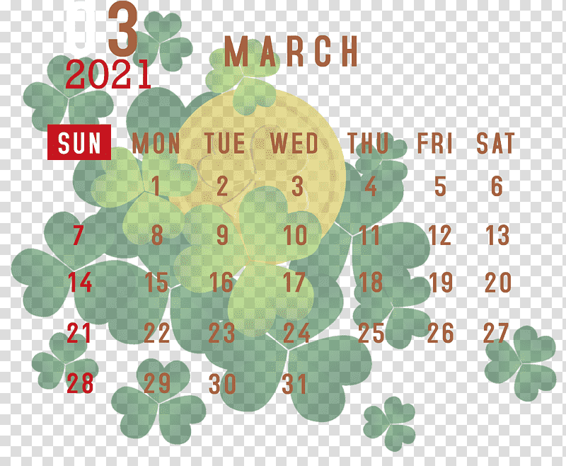 March 2021 Printable Calendar March 2021 Calendar 2021 Calendar, March Calendar, Saint Patricks Day, Shamrock, Clover, Fourleaf Clover, March 17 transparent background PNG clipart