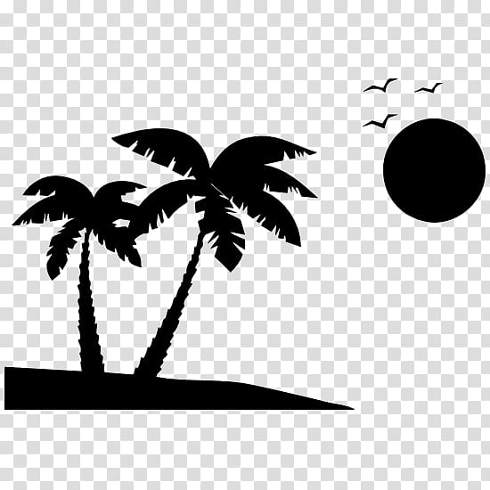 Palm tree, Leaf, Blackandwhite, Plant, Silhouette, Arecales, Branch, Sticker transparent background PNG clipart