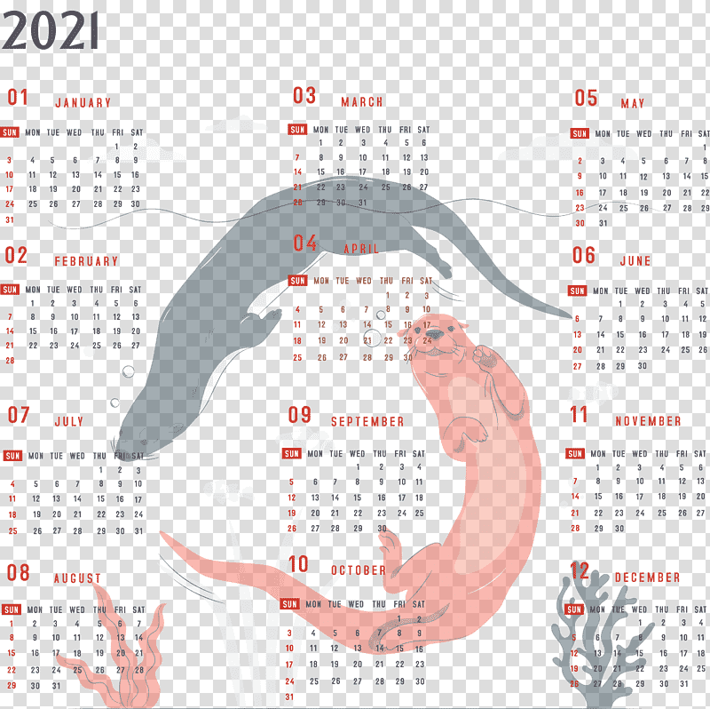 Year 2021 Calendar Printable 2021 Yearly Calendar 2021 Full Year Calendar, Otters, , Drawing transparent background PNG clipart