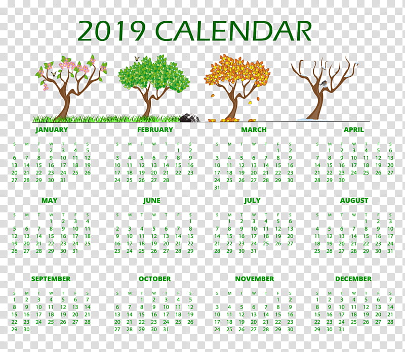 Green Leaf, 2019 Calendar Printable, 2019 Yearly Calendar, Printable Calendar, Season, Month, Word, Educational Flash Cards transparent background PNG clipart